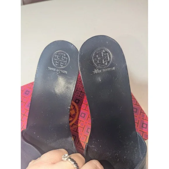 Tory Burch Ines Wedge Slide Women 8.5 Navy Gold Leather 80mm 51985 - Picture 6 of 7